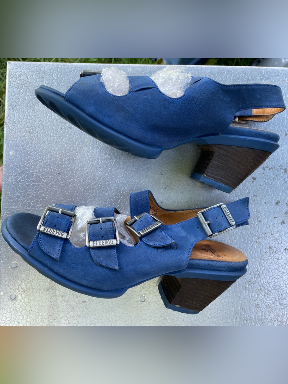 John Fluevog 4buckle sandals, blue nu buck, all leather, size 10